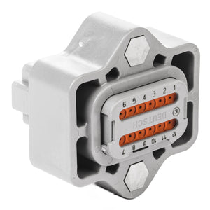 DT04-12PA-LE06 - DT Series - 12 Pin Receptacle - A Key, Reduced Dia. Seals, Sealed Flange, End Cap, Gray